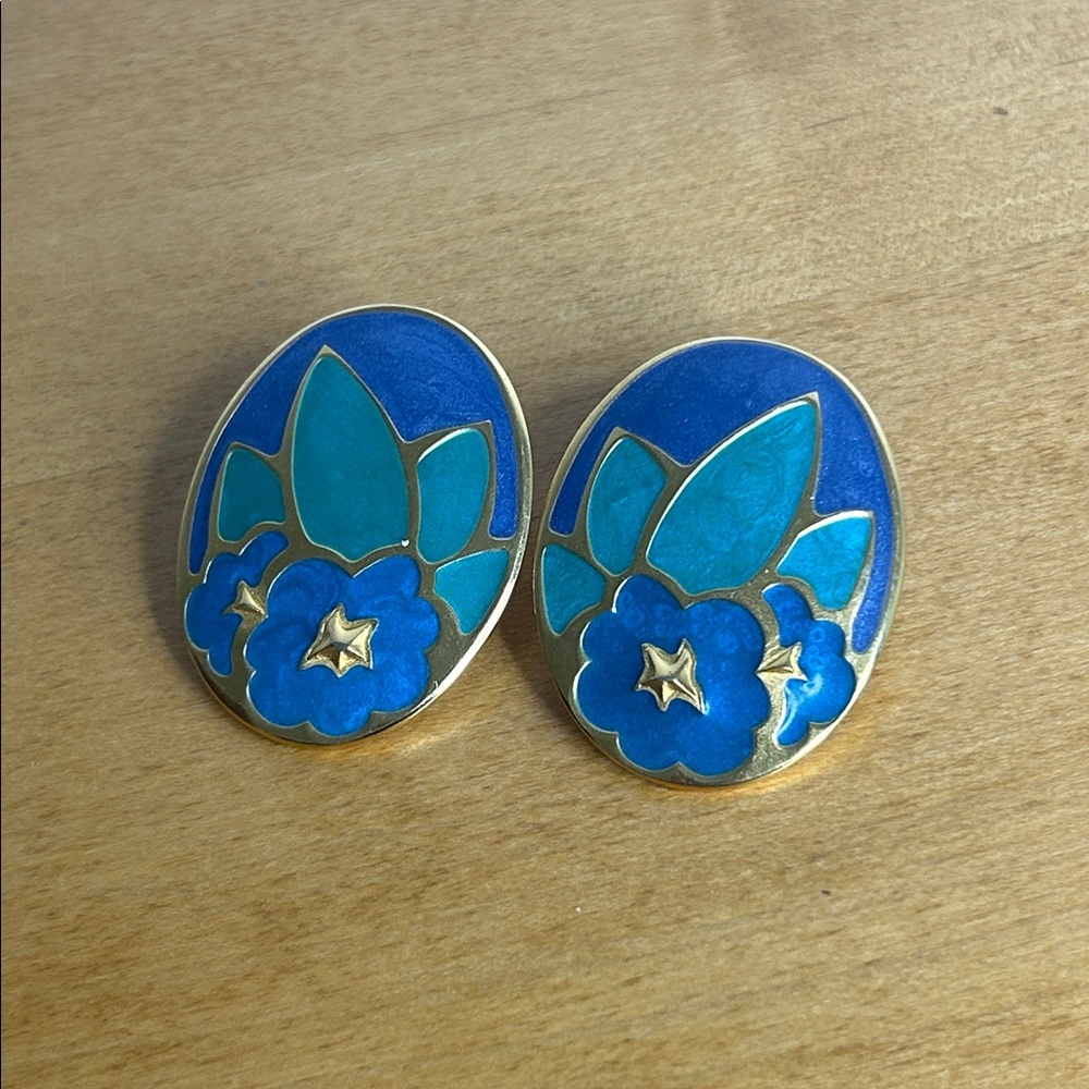 Vintage Berēbi 💜 Purple, Blue, Green, Gold Floral Enamel Oval Clip-On Earrings